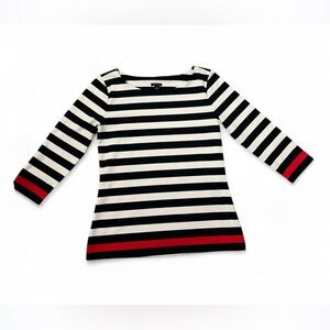 ANN TAYLOR Top Black White Red Breton Striped Ponte Structured 3/4 Sleeve